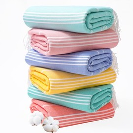 Genovega 6 Oversized Cotton Turkish Beach Bath Towel Set Bulk 74"x38" Extra Large Sand Free Quick Dry Swimming Camping Pool Clearance Towels Blanket Essentials Adult Multi Light Green Stripes