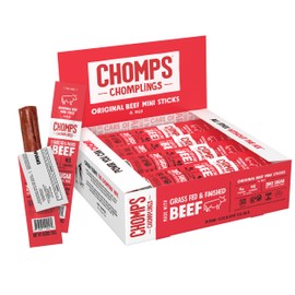 Chomps Snack Size Grass-Fed Original Beef Jerky Snack Sticks 0.5oz 24-Pack - Keto, Paleo, Whole30, 4g Lean Meat Protein, Gluten-Free, Zero Sugar Food, Non-GMO Chomplings