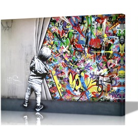Banksy Canvas Wall Art Graffiti Wall Art Behind The Curtain Picture - 16x24 Inches Built-in Wooden Frame, Lightweight & Ready to Hang, Urban Street Art for Office, Bedroom, Living Room Decor