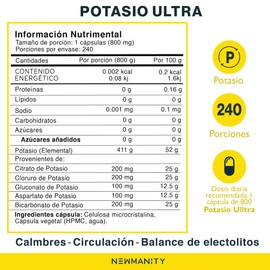 NEWMANITY Potasio Ultra Complejo 5 en 1-240 capsulas con Citrato de Magnesio y Potasio, Gluconato de Potasio, Bicarbonato de Potasio, Cloruro de Potasio y Aspartato de Potasio - Electrolitos