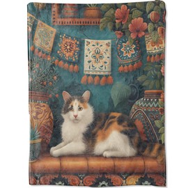 Exotic Calico Cat Blanket Gifts for Boys Girls Kids, Beautiful Potted Plant Flower Ornate Textile Throw Blankets for Sofa Office Couch Room Decor, Cozy Lightweight Warm Soft Throws, 50x60 in