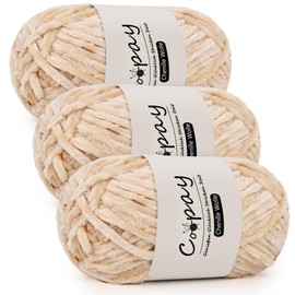 Coopay Chenille Wool for Crochet, 3 x 100 g, Velvety Chenille Yarn, Thick Fluffy Soft Chenille Yarn, Chenille Wool, Soft Plush Wool Crochet Yarn for Blankets, Scarves - Camel