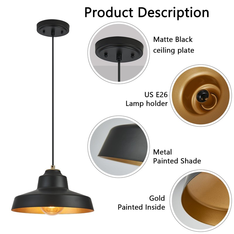 ALAISLYC 12 Inch Black Pendant Light Fixture,Farmhouse Hanging Lamp Adjustable