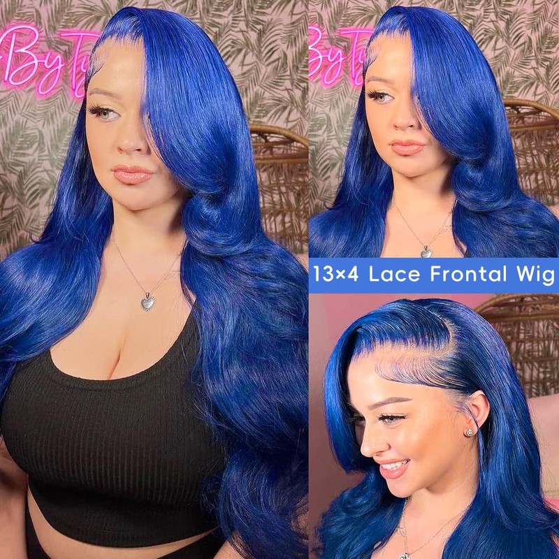 XIAPAY Blue Lace Front Wig Human Hair 13x4 HD Blue