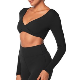 Sunzel Women's Long Sleeve Crop Top Buttery Soft Deep V Twist Workout Tee with Compression for Yoga Pilates Gym Black Small