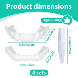EIHI 4 sets of top and bottom teeth for attaching, no holes veneers teeth for attaching, with teething rubber, simulation tooth splint, suitable for men and women, filling missing teeth