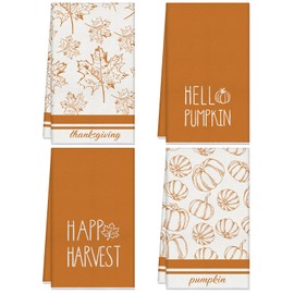 Macarrie 4 Pcs Fall Kitchen Towels Hello Pumpkin Hand Dish Maple Leaves Tea Towels Happy Harvest Autumn Decoration for Farmhouse Bathroom Thanksgiving Housewarming Gift,18 x 26 Inch