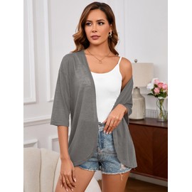 Heymoments Women's Lightweight Cardigan Open Front 3/4 Sleeve Soft Draped Summer Casual Cover Up Kimonos Tops Grey Medium Cardigans