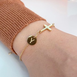 YILUSHENGHUA Mustard Seed Jewelry Cross Bracelet for Womem with Initial 18K Gold Plated Bracelet Christian Bracelets Adjustable(Gold C)