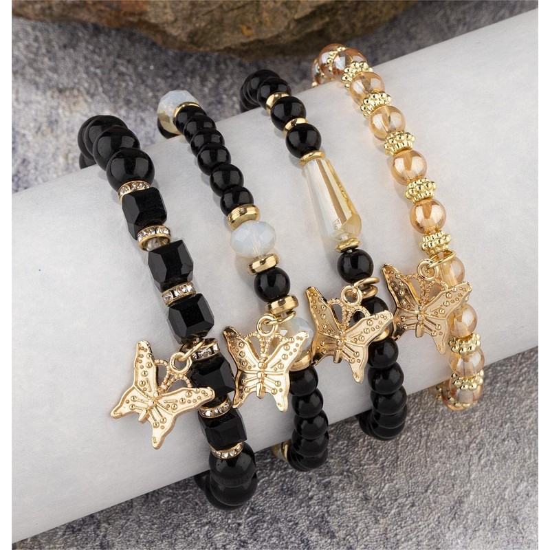Fuqimanman2020 Boho 4pcs Butterfly Charm Gold Beaded Stackable Stretch Bracelet