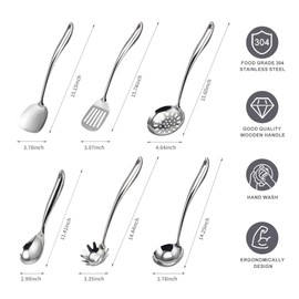 304 Stainless Steel Kitchen Utensils Set, VALESKA 6PCS Metal Cooking Utensils Set, Wok Spatula, Ladle, Skimmer Slotted Spoon, Pasta Spoon, Serving Large Ladle, Slotted Spatula Tunner