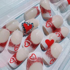 Luxurious Heart Press on Nails Medium Square False Nails Valentine's Day Glue on Nails Sparkly Fake Nails With Rhinestones Designs DIY Manicure Kit Reusable French Nail Art Tips Gifts for Women 24Pcs