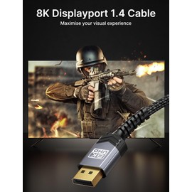 JSAUX DisplayPort Cable 1.4 10ft, 8K DP Cable | 8K@60Hz, 4K@144Hz, 2K@240Hz 2K@165Hz | HBR3, 32.4Gbps, HDR10, FreeSync, G-Sync for Gaming Monitor Graphics Card TV PC Laptop -Grey