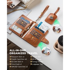 VULKIT Porta Pasaporte Familiar 4 Personas con RFID,Carteras para Pasaporte con Airtag,Monedero Viaje 2 en 1,Etiqueta Equipaje,Pulsera,Para 4 Pasaportes+Tarjetas,Efectivo (Marrón, Familiar 4 Personas)