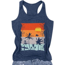 Beach Tank Tops for Women Summer Sunshine Graphic Sleeveless Shirts Palm Tree Tee Hawaiian Vacation Tops(Blue1,L)