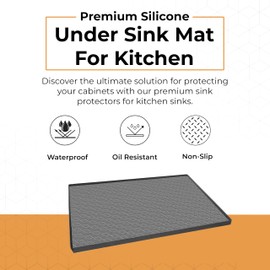 Silicone Under Sink Mat for Kitchen - Premium Under Sink Organizer Mat for Cabinet Liner - Flexible Drip Tray with Drainage Hole - Waterproof Under Sink Protectors Mat - 34 x 22 Inches Grey