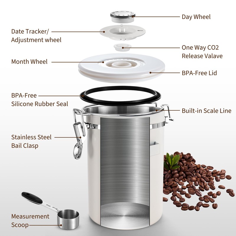 Esilihom Airtight Coffee Bean Storage, 1800ML Coffee Container, Stainless Steel
