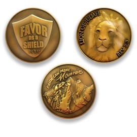 Religious Challenge Coin Assortment of 3, Favor as a Shield The Lord Will Bless The Righteous Coin, Lion of Judah Man of God Coin, Faith Can Move Mountains Coin, Value Variety Pack of 3, Assortment 5