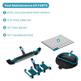 Deluxe Swimming Pool Cleaning Kit Including Pool Net and Vacuum Head, Pool Brush with 13Ft Pole for Above Ground & Inground Swimming Pools