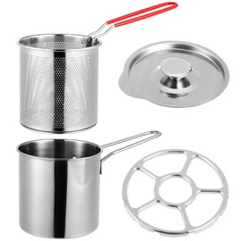 Kichvoe 5Inch Stainless Steel Fry Pot with Lid and Strainer Basket Stove Top Deep Fryer Japanese Tempura Deep Fryer Basket for French Fries Chicken Wings Shrimp with Stove Ring