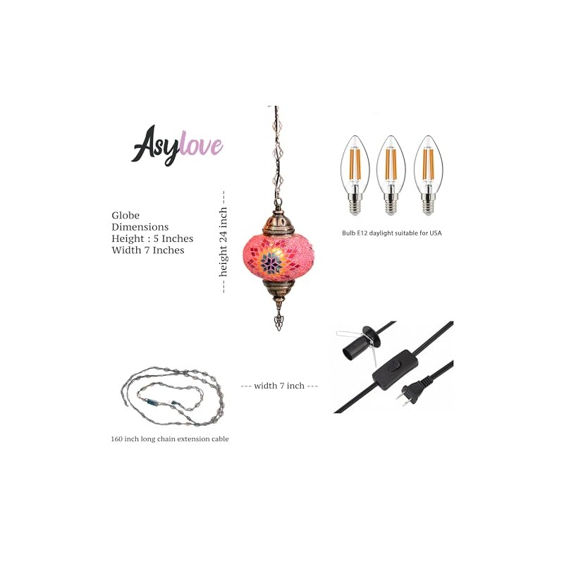 Asylove Turkish Mosaic Ceiling Lamps, Moroccan Pendant Lighting, Handmade Mosaic