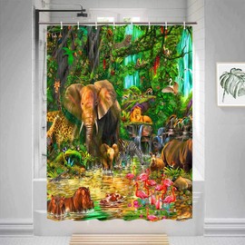 Gdmoon Jungle Animal Shower Curtain Tropical Forest Elephant Lion Flamingo Giraffe Zebra Monkey Leopard Rhino Parrot Deer Cartoon Wildlife Zoo for Bathroom Decor Bathtub Curtain 48x72In YLWHGD925
