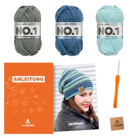 myboshi Akorimo Crochet Set with No. 1 Wool, Crochet Hook, Instructions, Original Label, Crochet Pack, 30% Merino Wool Grey with Crochet Hook
