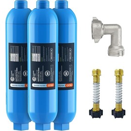 CRYSTALA RV/Camper Water Filter, Inline Water Filter Effectively Reduces Bad Taste, Odors, Chlorine and Sediment for RVs and Marines, 3 Pack Filter with 2 Flexible Hose Protector