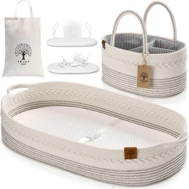 Baby Changing Basket Includes Diaper Caddy - Soft & Waterproof Dual-Cover, Portable, Changing Pad for Dresser & Changing Table, Gift for Baby Shower, Organic Cotton Rope
