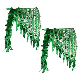 MECCANIXITY Women's Belly Dance Hip Scarf with Sequins Mesh Triangle Wrap Skirts Waist Chain for Music Festival Party Costume Performance(Dark Green, Pack of 2)