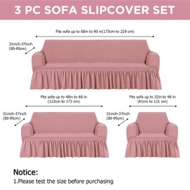 Fanfanwin 3 Pcs Sofa Slipcover Set for Couch Cushion Durable Washable High Elastic Stretchable Furniture Couch Covers with Skirt for Sofa Loveseat Arm Chair(Pink,Seersucker)
