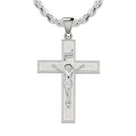 US Jewels Men's 925 Sterling Silver 36mm Thorn Crucifix Cross Pendant 3mm Rope Chain Necklace, 18in