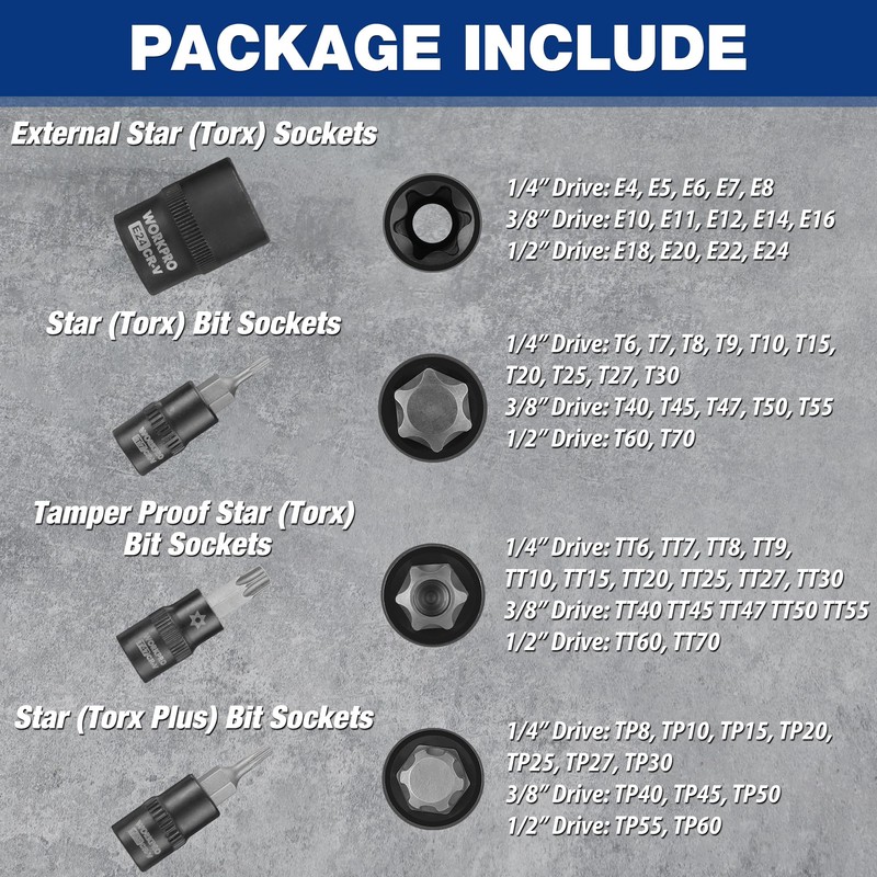WORKPRO 60-piece Master Torx Bit Socket and External Torx Socket