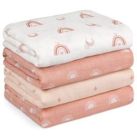 GLLQUEN BABY - Cobijas de muselina envolventes, transpirables y delicadas con la piel, mantas para recién nacido, paquete de 4 (35 x 40 pulgadas), para niña y niño, regalo para bebé (sol)