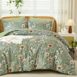 Luxudecor Queen Floral Comforter Set 7 Pieces,Sage Green Floral Comforter with Sheet Set,Flowers Leaves Pattern Bed in a Bag,Soft Microfiber Bed Set 90"x90"