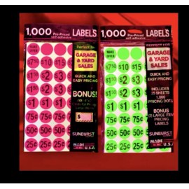 Sunburst Systems 2000pc Garage Yard sale price stickers: (1000 x 2) Pre priced, Inc Price Cards.