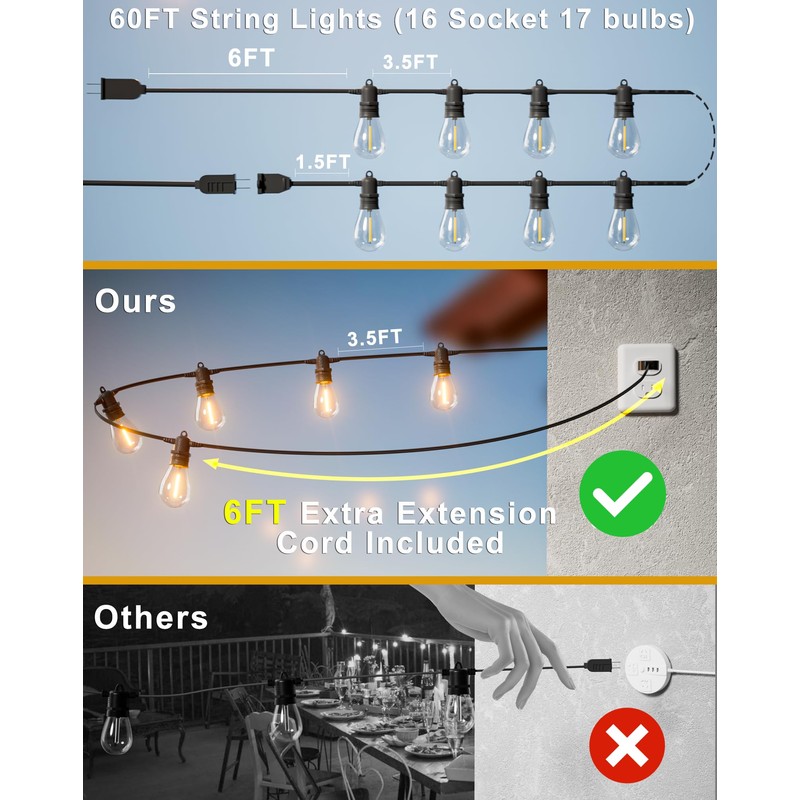 Jerritte 60FT LED Outdoor String Lights with 16+1 Edison Shatterproof