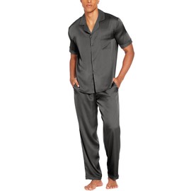 Ekouaer Men Satin Silk Pajamas Set 2 Piece Button Down Sleepwear Long Pants Loungewear with Pockets Dark Gray