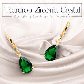 Crystalline Azuria Women 18ct Gold Plated Teardrops Green Simulated Emerald Zirconia Crystals Wedding Dangle Earrings
