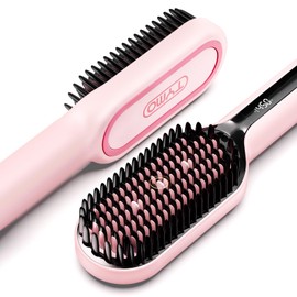 TYMO Hair Straightener Brush - Upgraded Ionic Plus Straightening Brush with Dense Bristles, 16 Temps, Dual Voltage | Ceramic Hot Comb for Women | Flat Iron for Thick Curly Hair, Pink