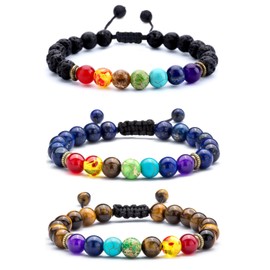 Hamoery Men Women 8mm Lava Rock Chakra Beads Bracelet Braided Rope Stone Agate Bracelet Bangle (Set2)