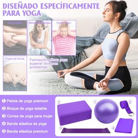Kit de Accesorios para Pilates - Set de 5 Bandas Elásticas Fitness, Gomas para Musculación, Bloque de Yoga, Pelota Pequeña de Pilates y Bandas de Resi