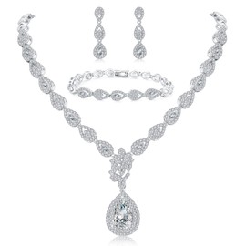 Deyanse Wedding Jewellery Set, Tear Drop Necklace & Earrings Hanging & Bracelet Set, Silver/Rose Gold/Gold Bridal Women's Jewellery Set with AAAAA White Cubic Zirconia in Engagement for Bride Lovers