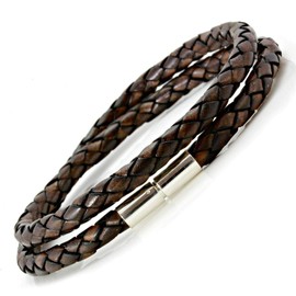 CMJ London Mens Leather Bracelet With Sterling Silver Twist Clasp-5mm Antique Brown Cord-Double Wrapped Bracelet 7-9 Inches