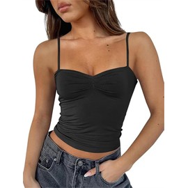 ForeFair Women Y2K Sweetheart Neck Sleeveless Crop Tank Tops Backless Spaghetti Strap Pleated Bustier Camis Going Out Top(M,Black)