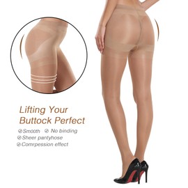 MANZI 2 Pairs Women's Sheer Tights 40D High Waist Control Top Pantyhose Thigh High Stockings Natural Nude X-Large