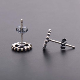 925 Sterling Silver 9MM Steampunk Gear Earrings Studs, Antiqued Finish