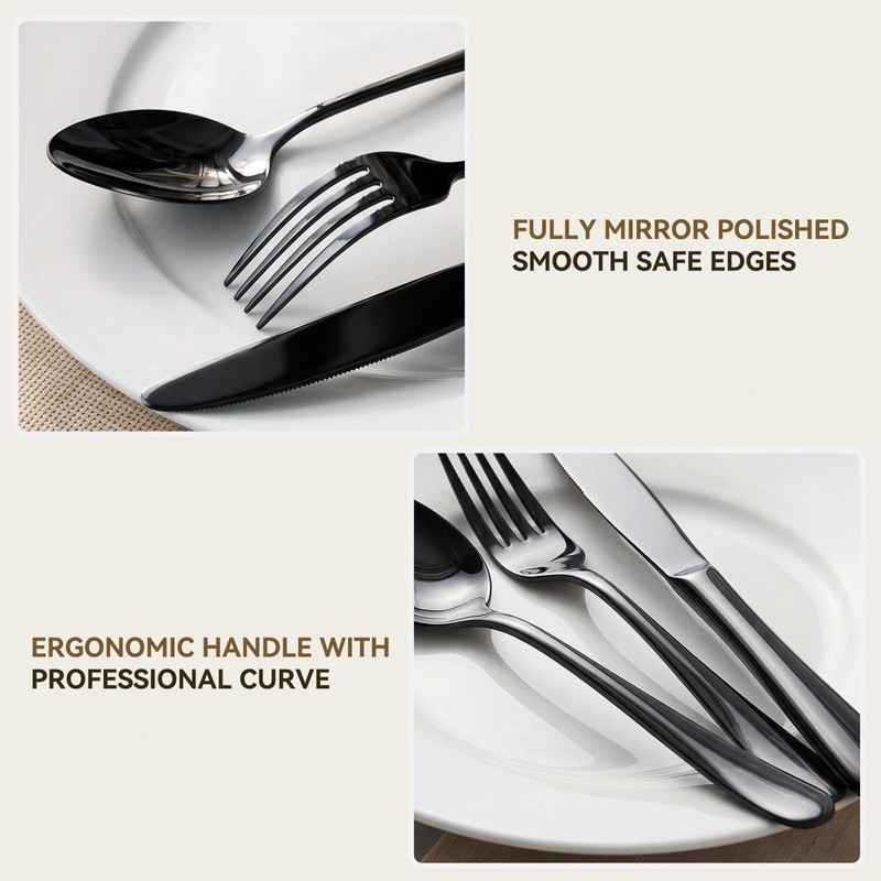48 PCS NO-FADING Black Silverware Set with Steak Knives -