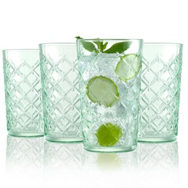 CREATIVELAND Drinking Highball Glasses Set of 4, Vintage Cross Hatch Glass Cups, 15.5oz Tall Drinking Water Glasses, Dishwasher Safe Green Glass Tumbler Glassware for Water, Juice, Cocktail, Coffee