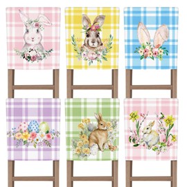 VitalCozy 6 Pcs Easter Chair Cover Watercolor Bunny Flower Eggs Easter Chair Back Covers Rabbit Spring Decorative Chair Covers Case Buffalo Plaid Farmhouse Decorations for Kitchen Wedding Party Decor